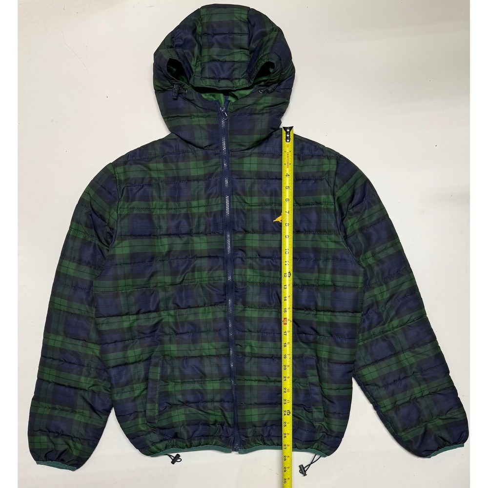 Staple Pigeon Mens Plaid Puffer Jacket Green Navy Blue Hooded Quilted Medium